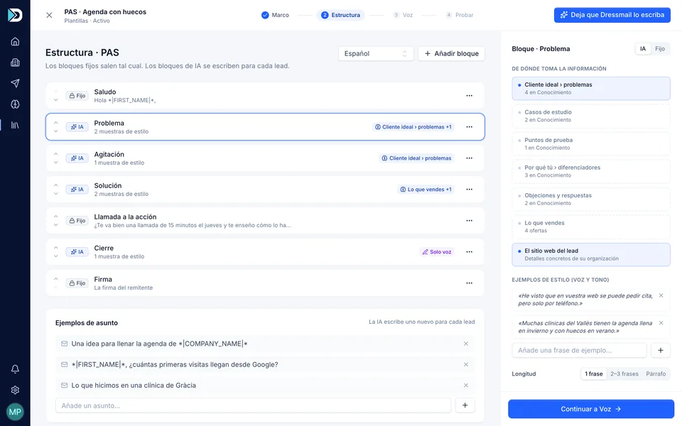 Editor de plantillas de Dressmail con bloques de texto fijo y bloques escritos por la IA