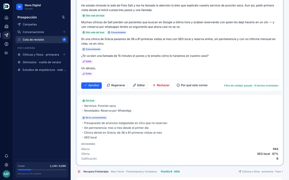 Cola de revisión con un correo y el panel «Por qué este correo» con el origen de cada párrafo
