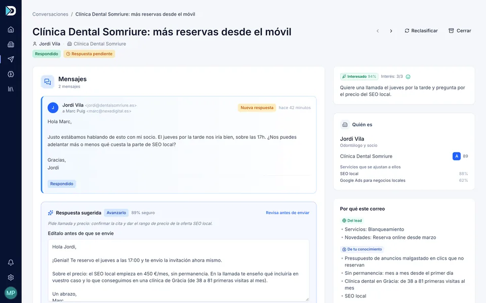 Respuesta de un cliente clasificada como interesado con la respuesta sugerida preparada