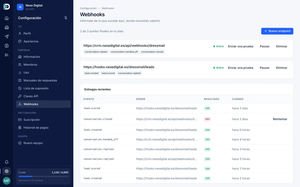Página de webhooks con dos endpoints y las entregas recientes